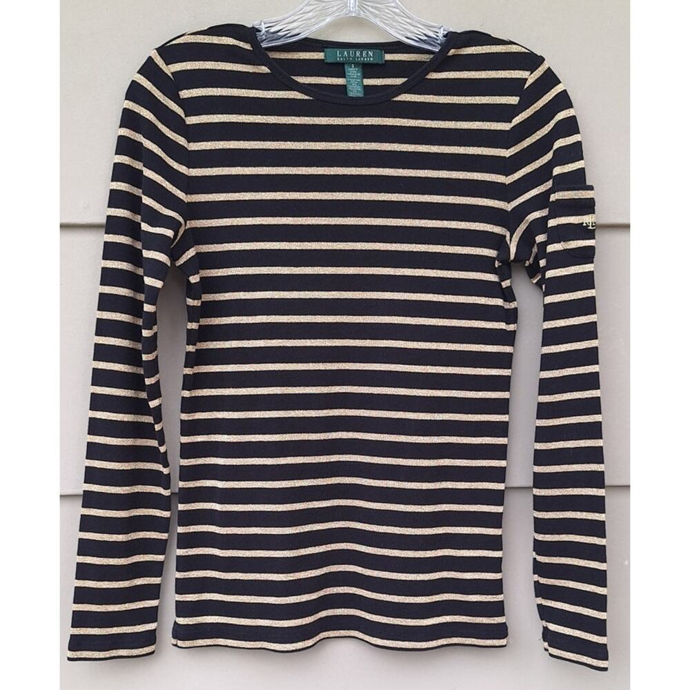 Lauren Ralph Lauren Y2K Long Sleeves T Shirt Top Black Metallic Gold Stripes S